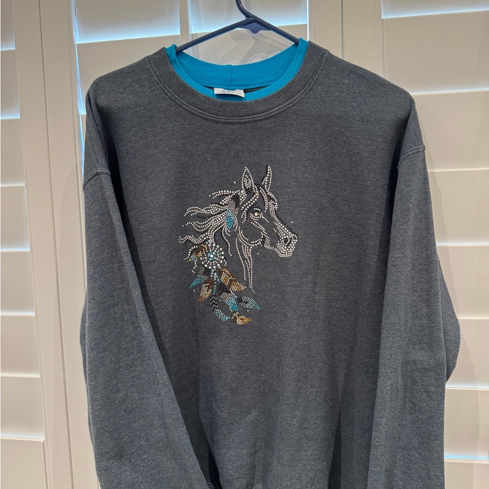 Gray and Blue Vintage PFI designs 90’s Sweatshirt with Rhinestone Horse Design